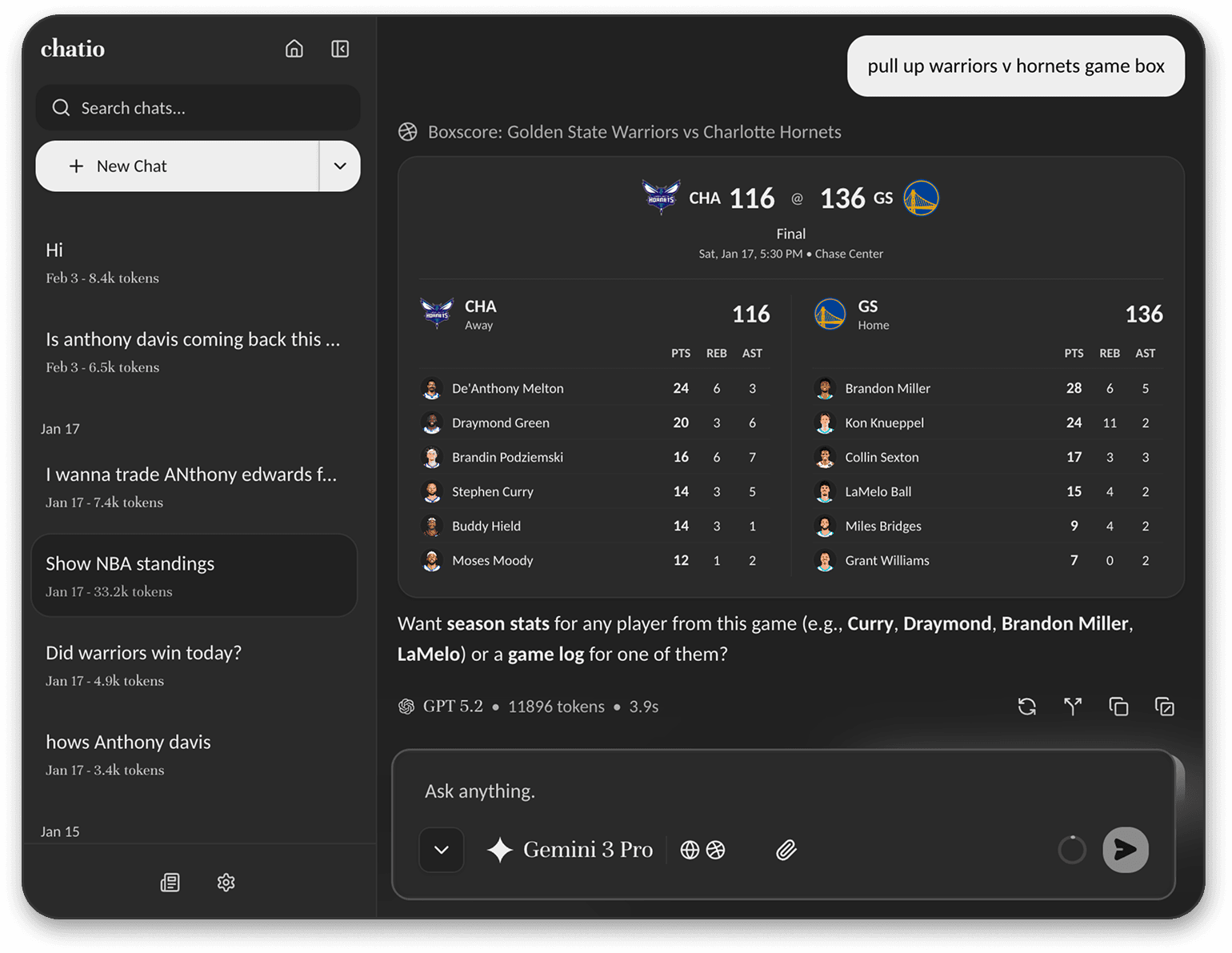 Chatio Chat showing a researched basketball result